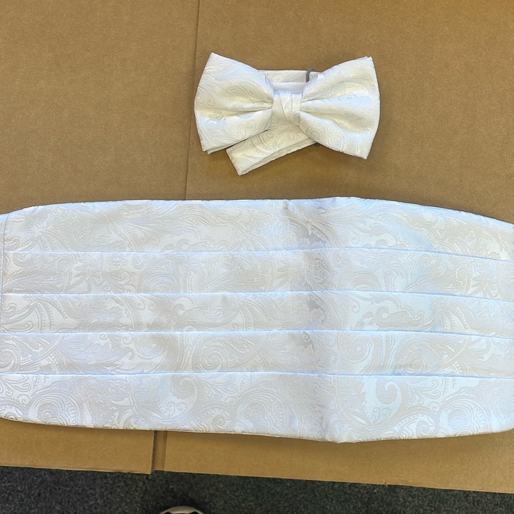 Diamond White Paisley Cummerbund and Bow Tie New